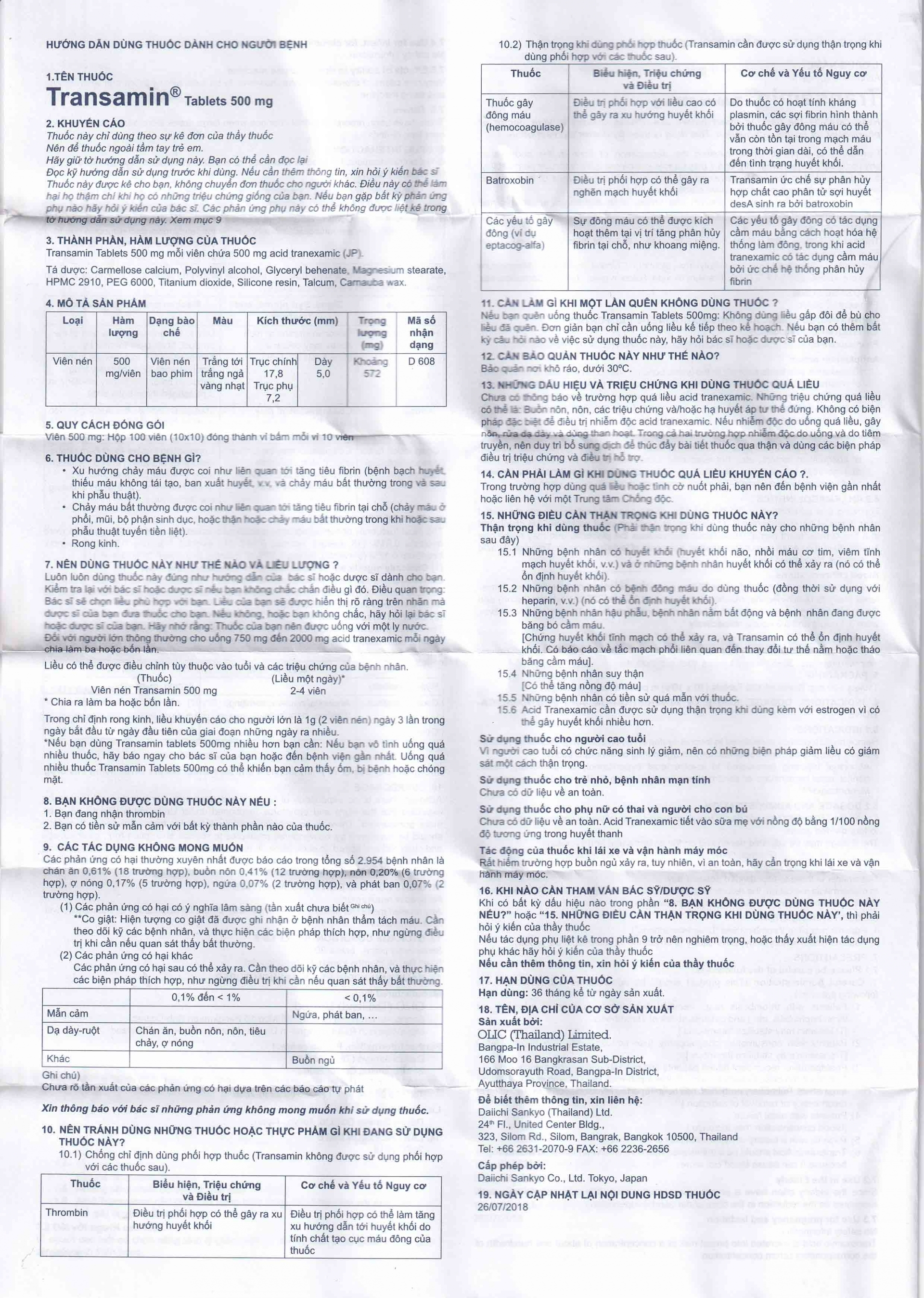 Hình ảnh Thuốc Transamin Tab.500mg Daiichi điều trị bệnh bạch huyết, thiếu máu không tái tạo (10 vỉ x 10 viên)