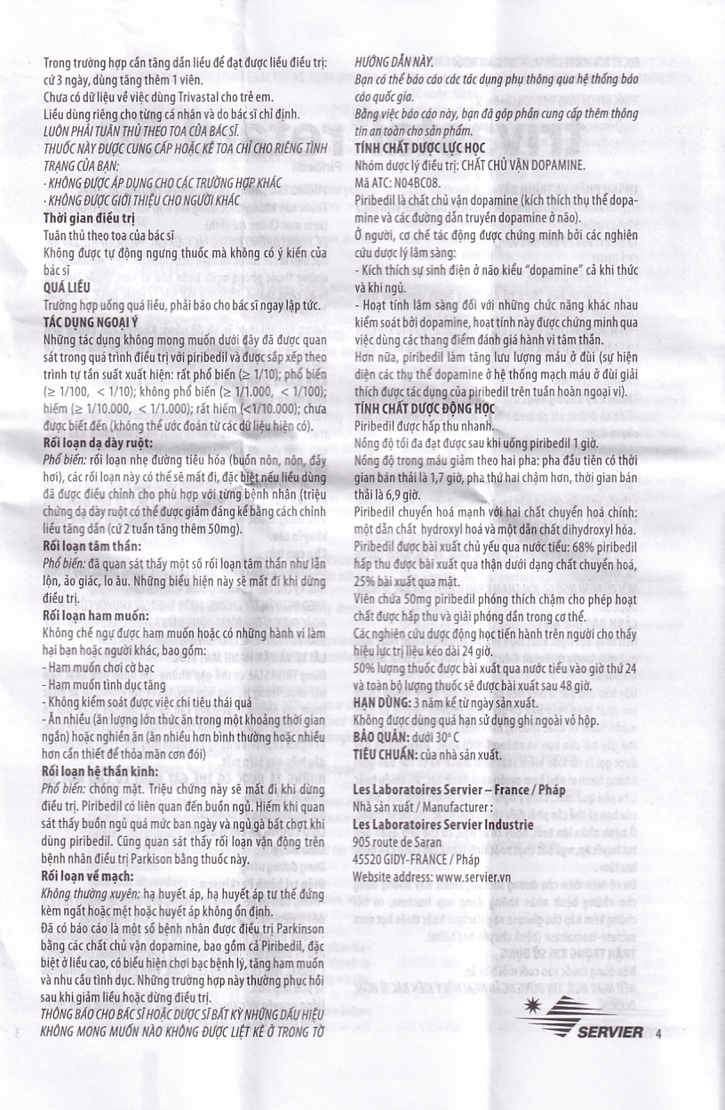 Hình ảnh Thuốc Trivastal Retard 50 Servier điều trị bệnh Parkinson (2 vỉ x 15 viên)