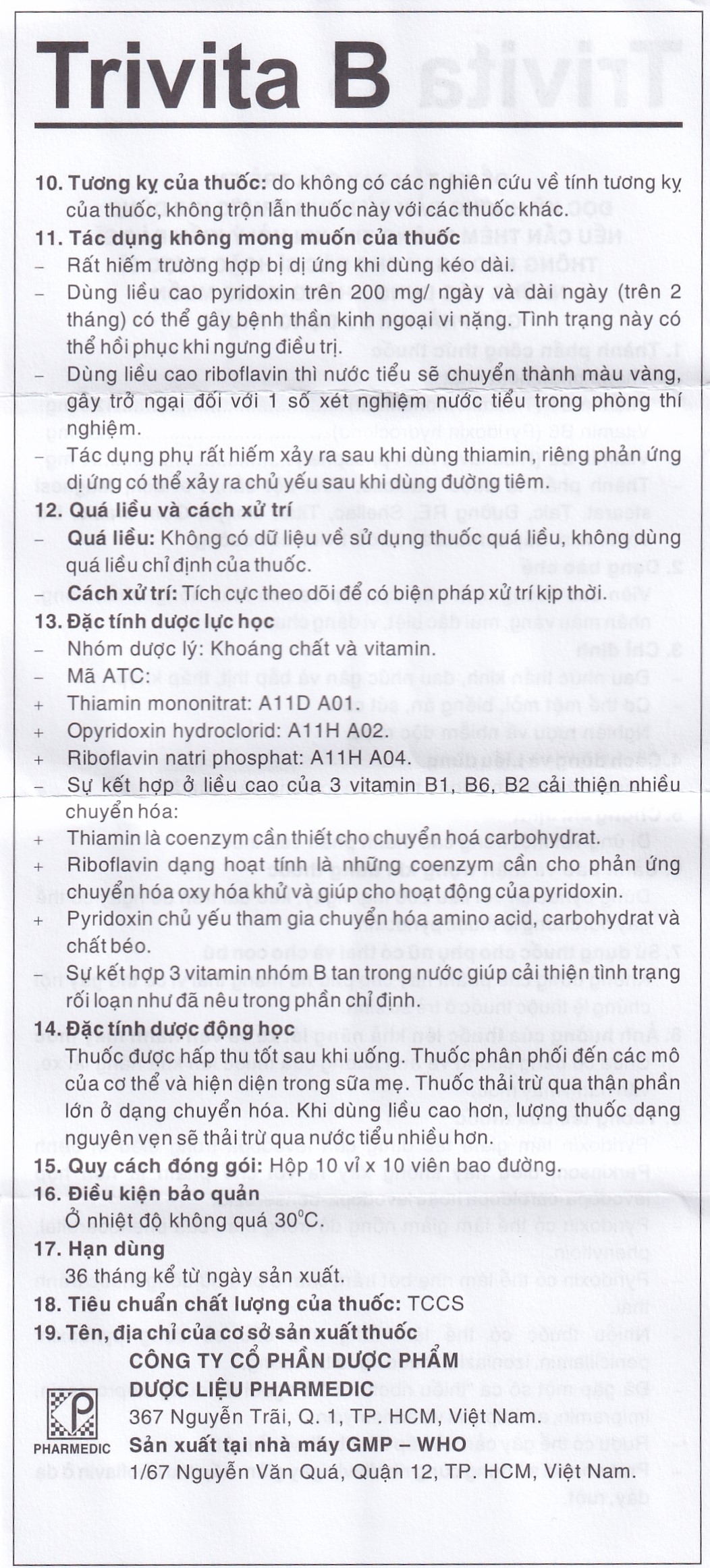 Hình ảnh Thuốc Trivita B Pharmedic điều trị đau nhức thần kinh (10 vỉ x 10 viên)