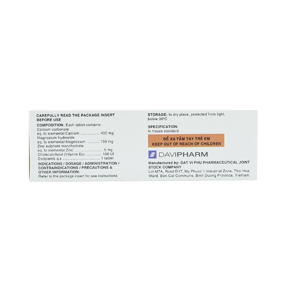Hình ảnh Thuốc Trixlazi DaviPharm bổ sung canxi, magnesi, kẽm và Vitamin D3 (3 vỉ x 10 viên)