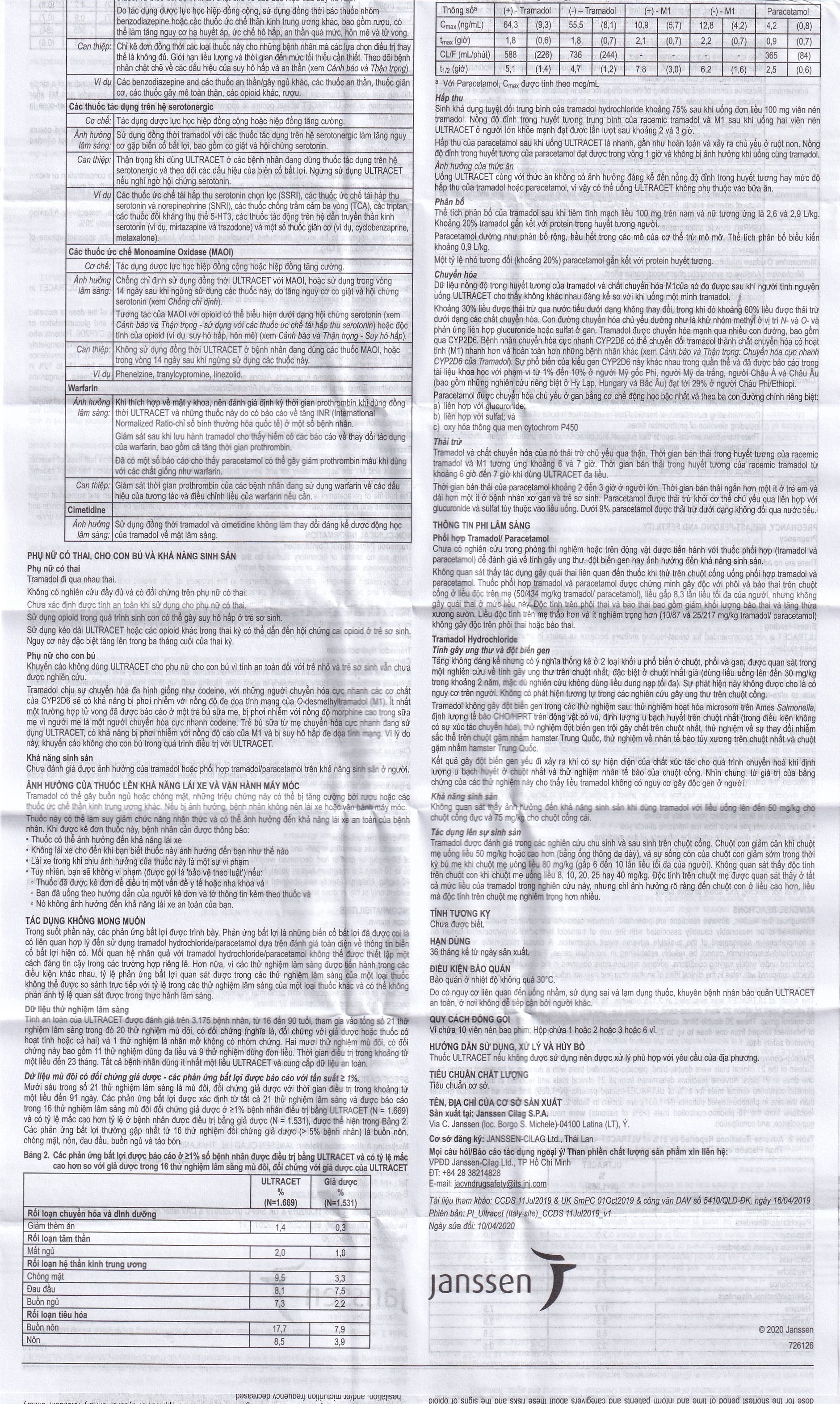 Hình ảnh Thuốc Ultracet Janssen hỗ trợ điều trị cơn đau từ trung bình đến nặng (3 vỉ x 10 viên)