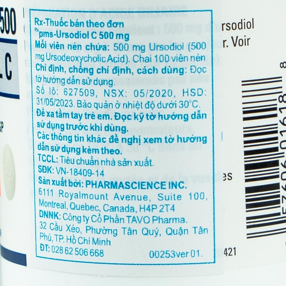 Hình ảnh Thuốc Ursodiol C 500mg PharmaScience điều trị xơ gan ứ mật, làm tan sỏi mật (100 viên)