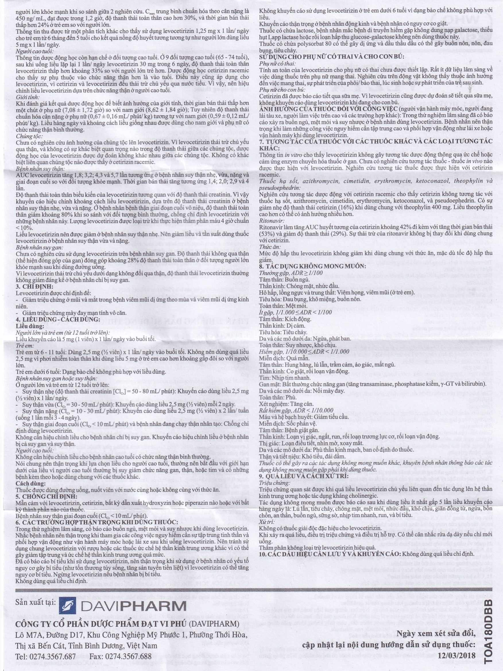 Hình ảnh Thuốc Vezyx 5mg Davipharm điều trị viêm mũi dị ứng, mày đay (2 vỉ x 14 viên)