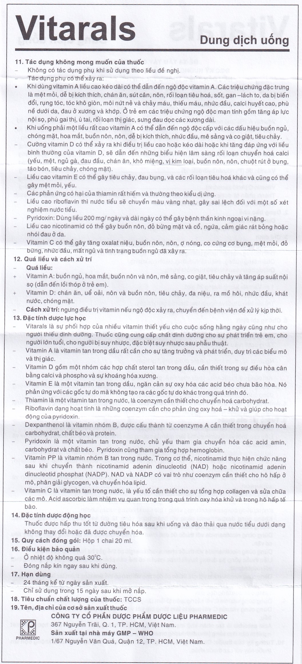 Hình ảnh Dung dịch uống Vitarals Pharmedic phòng ngừa và điều chỉnh tình trạng thiếu hụt Vitamin (20ml)