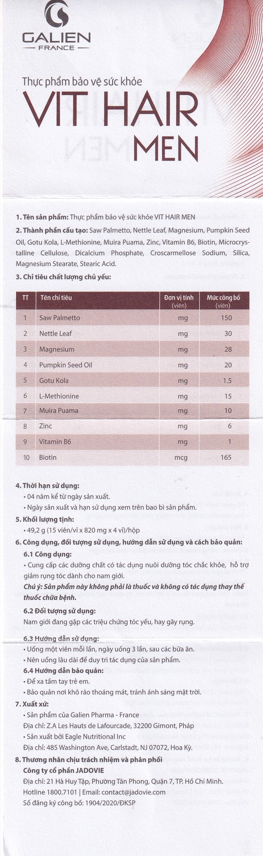 Hình ảnh Viên uống Vit Hair Men Galien hỗ trợ giảm rụng tóc dành cho nam giới (4 vỉ x 15 viên)