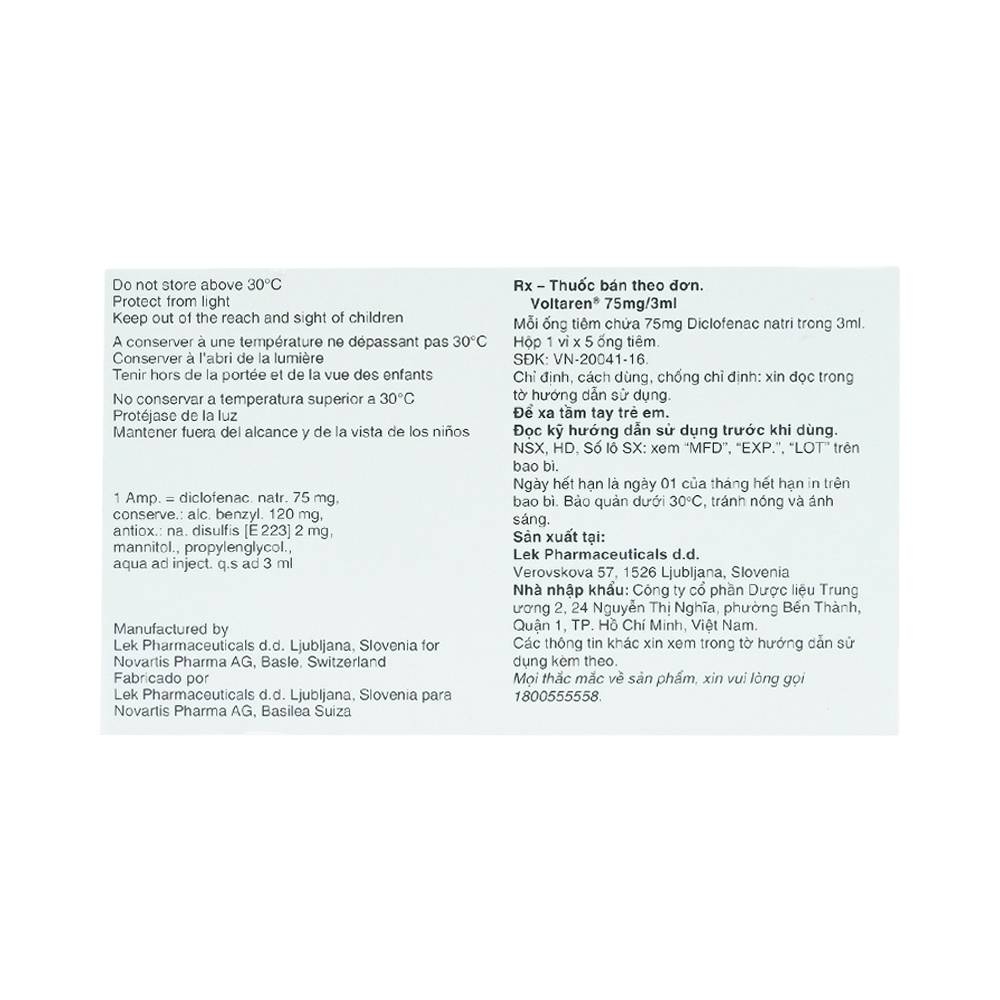 Hình ảnh Thuốc tiêm Voltaren 75mg/3ml Novartis điều trị đợt cấp viêm và thoái hóa thấp khớp (1 vỉ x 5 ống x 3ml)