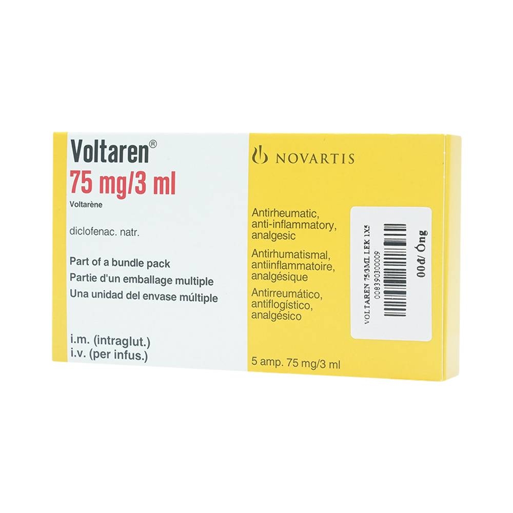 Hình ảnh Thuốc tiêm Voltaren 75mg/3ml Novartis điều trị đợt cấp viêm và thoái hóa thấp khớp (1 vỉ x 5 ống x 3ml)