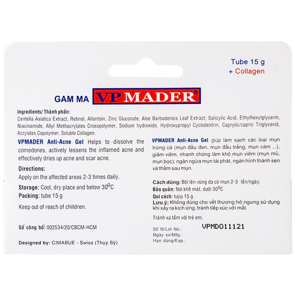 Hình ảnh Gel VP Mader 15g Gamma làm khô và hỗ trợ trị các loại mụn bọc, mụn mủ, mụn đầu đen