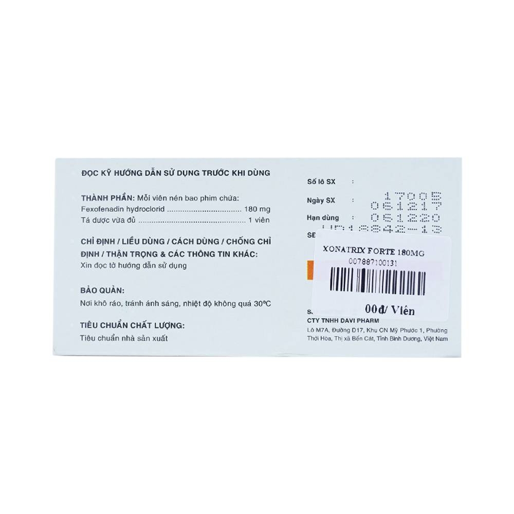 Hình ảnh Thuốc Xonatrix Forte 180mg DaviPharm điều trị triệu chứng viêm mũi dị ứng theo mùa (10 vỉ x 10 viên) 