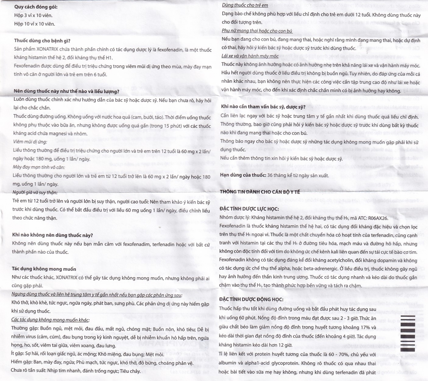 Hình ảnh Thuốc Xonatrix Forte 180mg DaviPharm điều trị triệu chứng viêm mũi dị ứng theo mùa (10 vỉ x 10 viên)