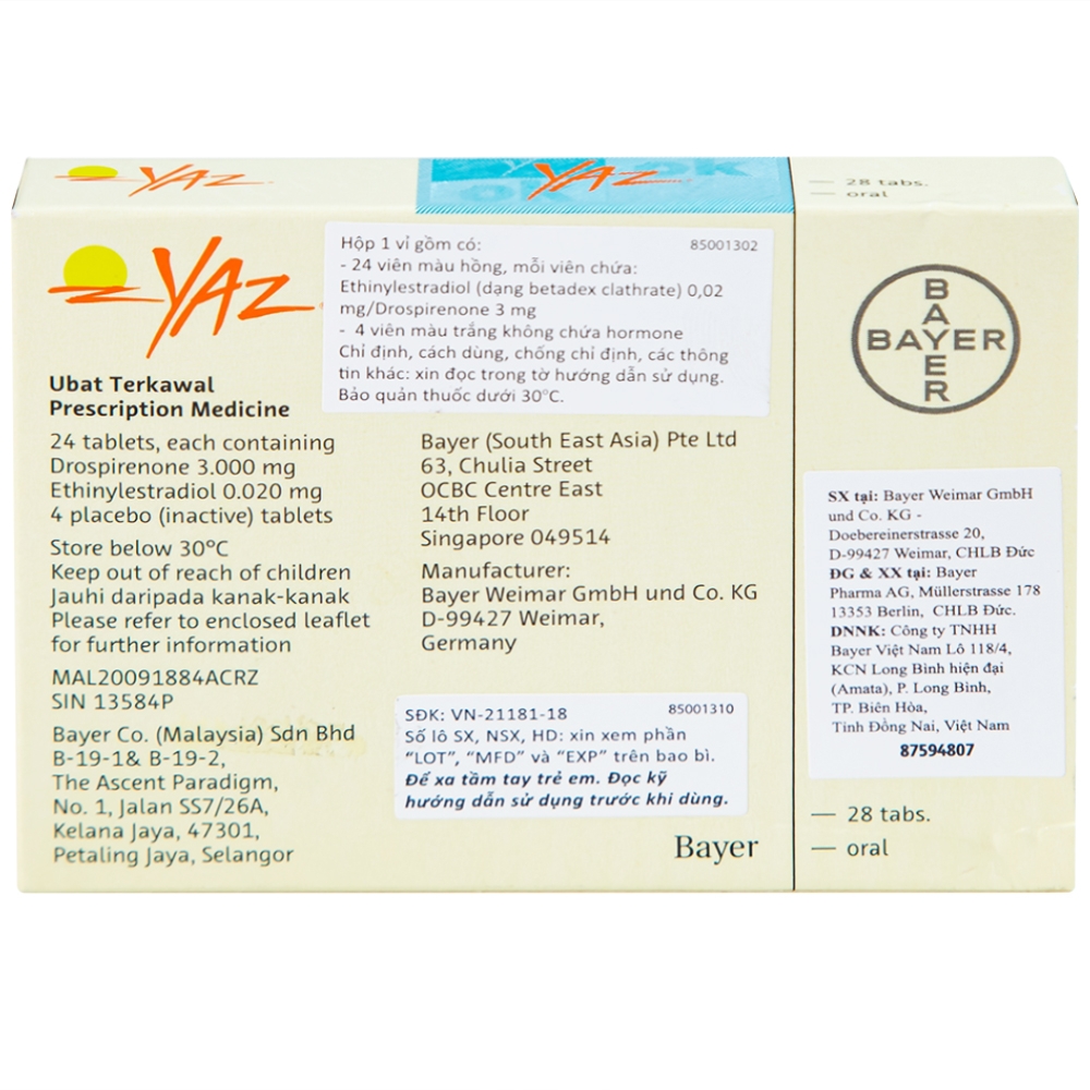Hình ảnh Thuốc Yaz Bayer dùng tránh thai, điều trị mụn trứng cá (1 vỉ x 28 viên)