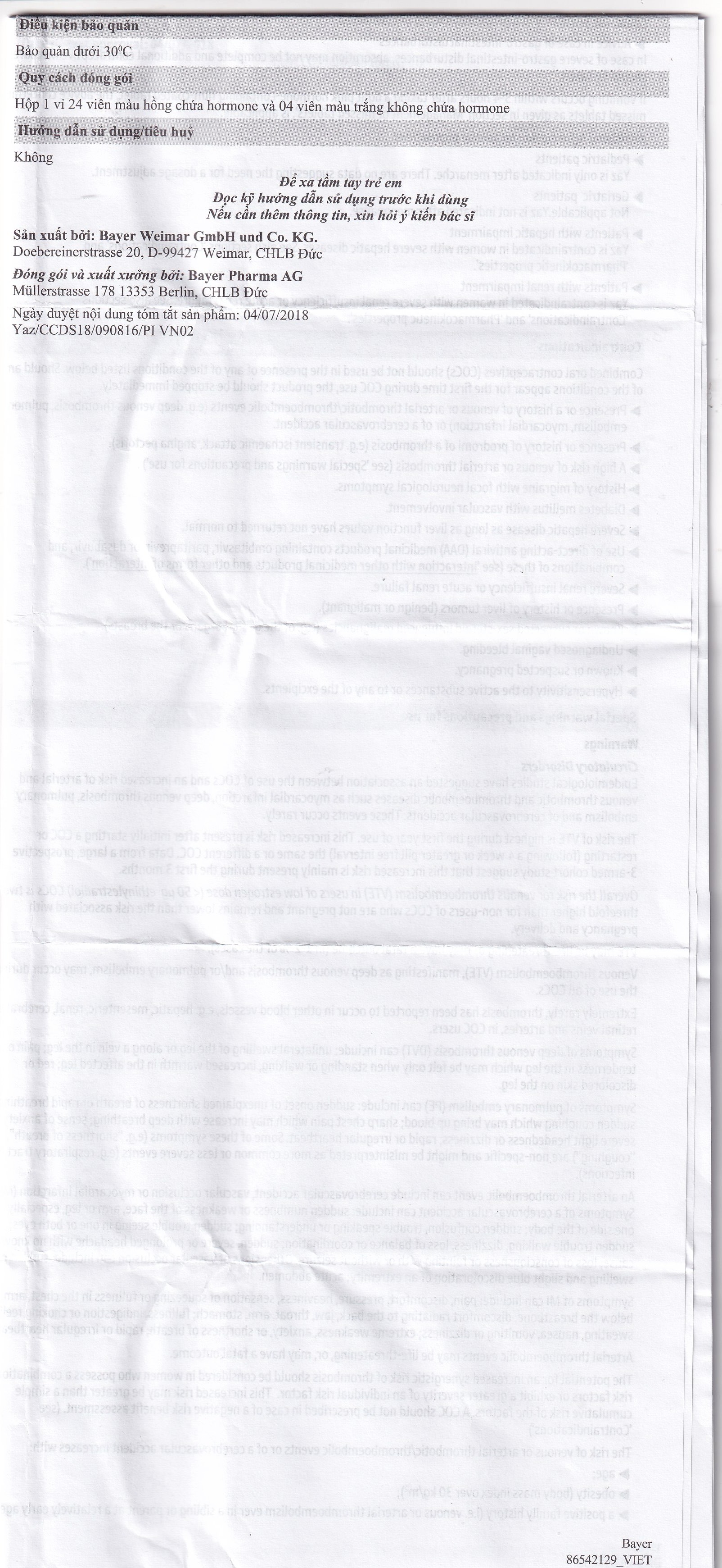 Hình ảnh Thuốc Yaz Bayer dùng tránh thai, điều trị mụn trứng cá (1 vỉ x 28 viên)