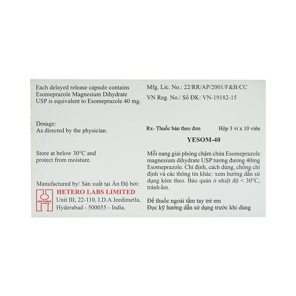 Hình ảnh Thuốc Yesom 40 Hetero điều trị loét dạ dày - tá tràng lành tính (3 vỉ x 10 viên)