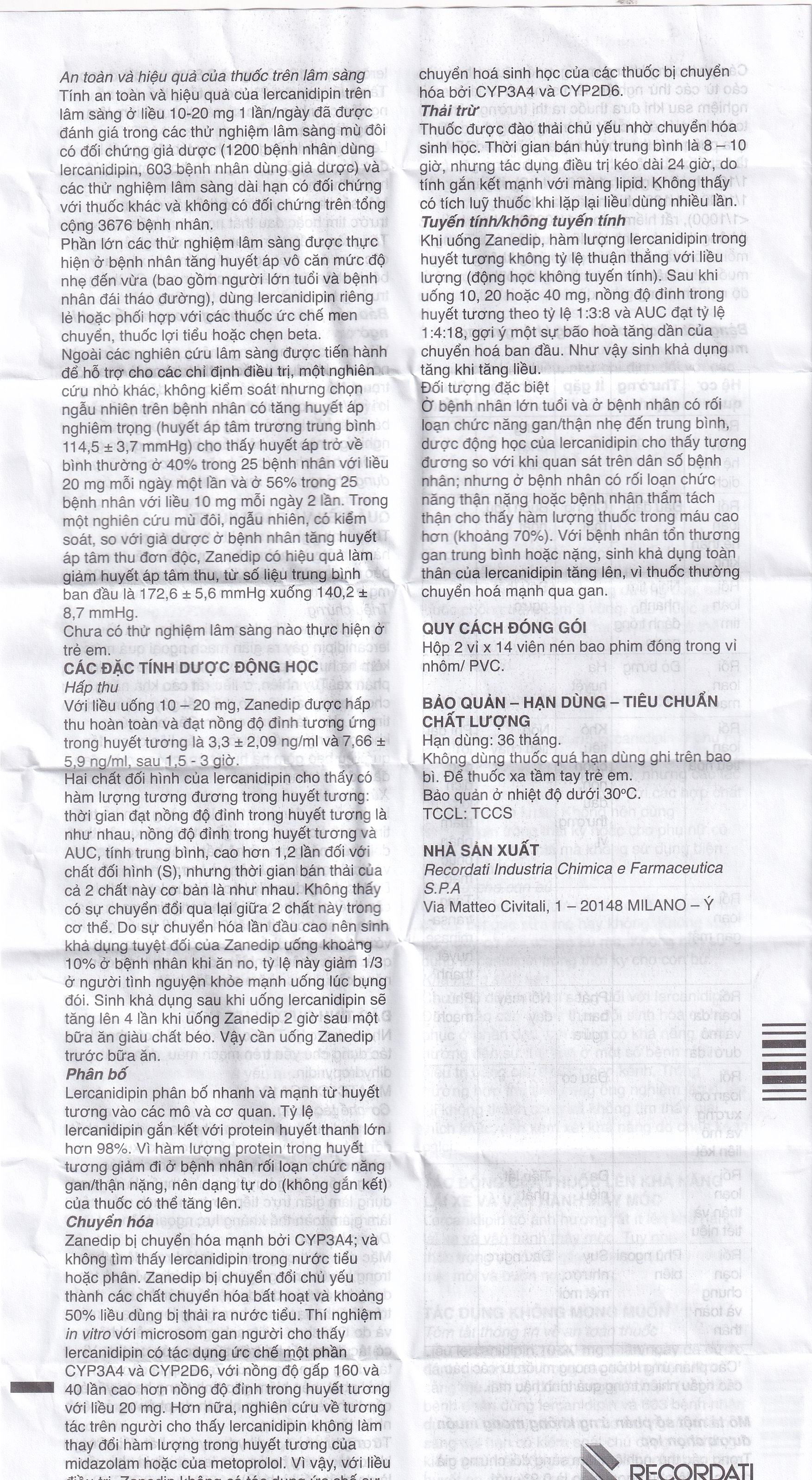 Hình ảnh Thuốc Zanedip 10mg Recordati điều trị tăng huyết áp vô căn (2 vỉ x 14 viên)