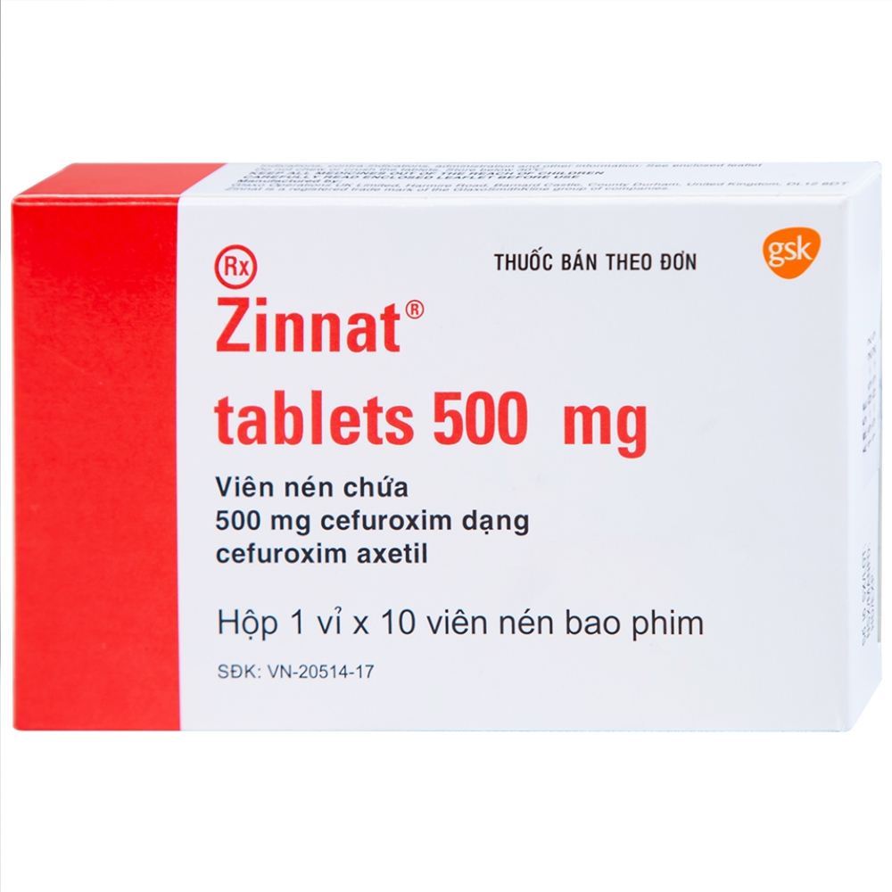 Hình ảnh Thuốc Zinnat 500mg GSK điều trị các chứng nhiễm khuẩn, viêm tai giữa, viêm xoang (1 vỉ x 10 viên)