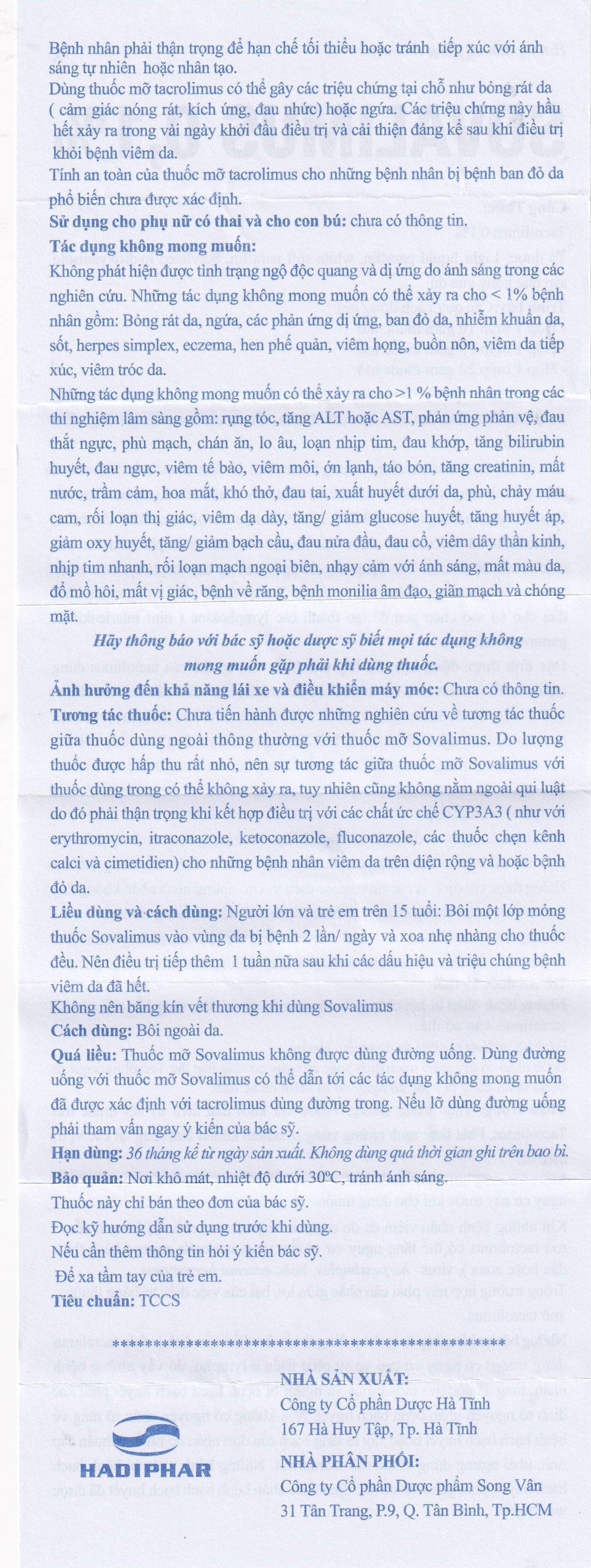 Hình ảnh Thuốc mỡ Sovalimus 0.1% Hadiphar  điều trị chàm cơ địa (10g)