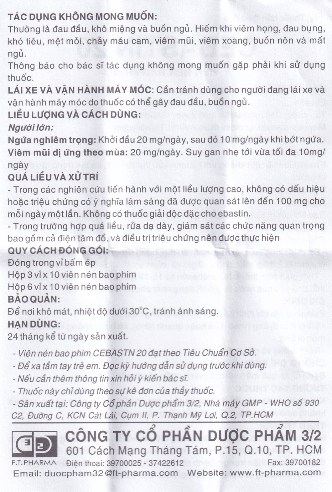 Hình ảnh Thuốc Cebastin20 Dược 3-2 điều trị viêm mũi dị ứng, mày đay (3 vỉ x 10 viên)