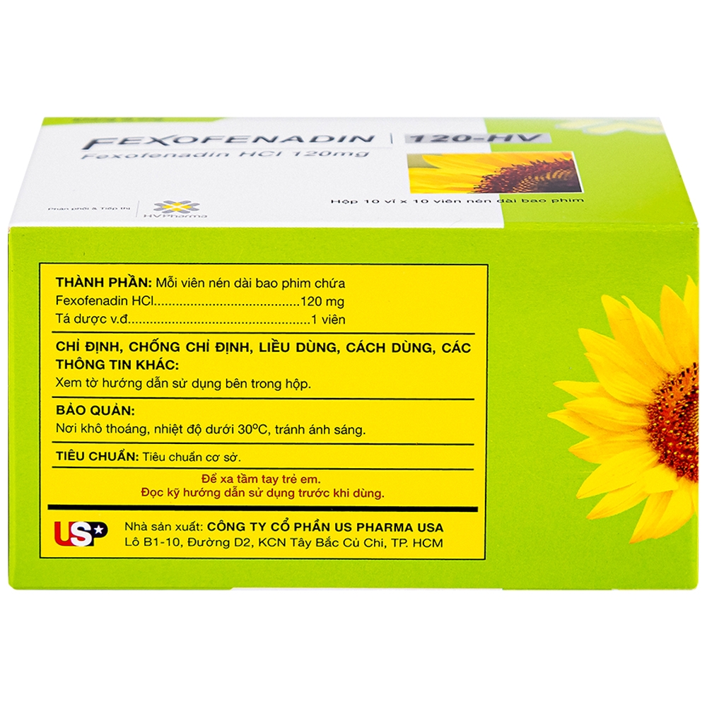 Hình ảnh Thuốc Fexofenadin 120-HV USP điều trị viêm mũi dị ứng theo mùa, mày đay mạn tính vô căn (10 vỉ x 10 viên)