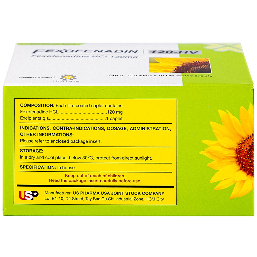 Hình ảnh Thuốc Fexofenadin 120-HV USP điều trị viêm mũi dị ứng theo mùa, mày đay mạn tính vô căn (10 vỉ x 10 viên)