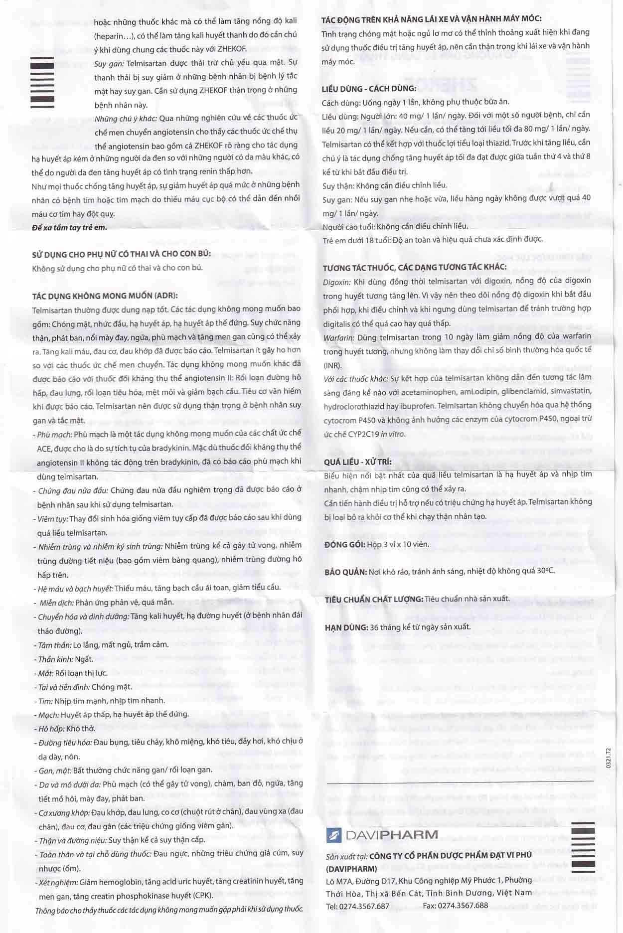 Hình ảnh Thuốc Zhekof 40mg DaviPharm điều trị tăng huyết áp, dự phòng biến cố tim mạch (3 vỉ x 10 viên)