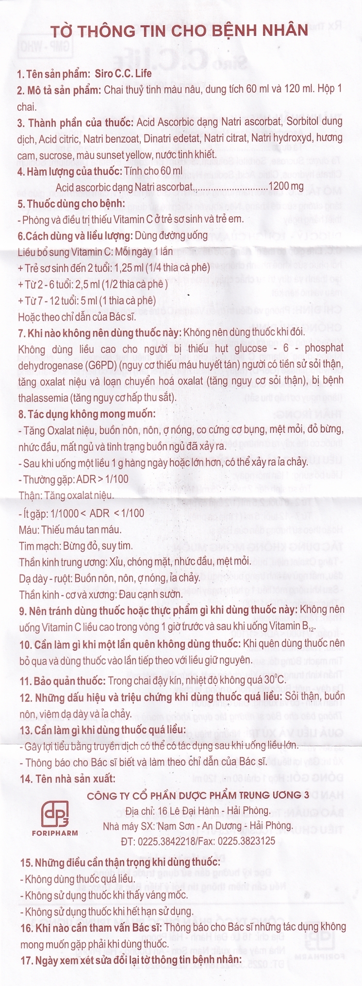 Hình ảnh Siro C.C Life 100mg/5ml Foripharm điều trị thiếu vitamin C (60ml)