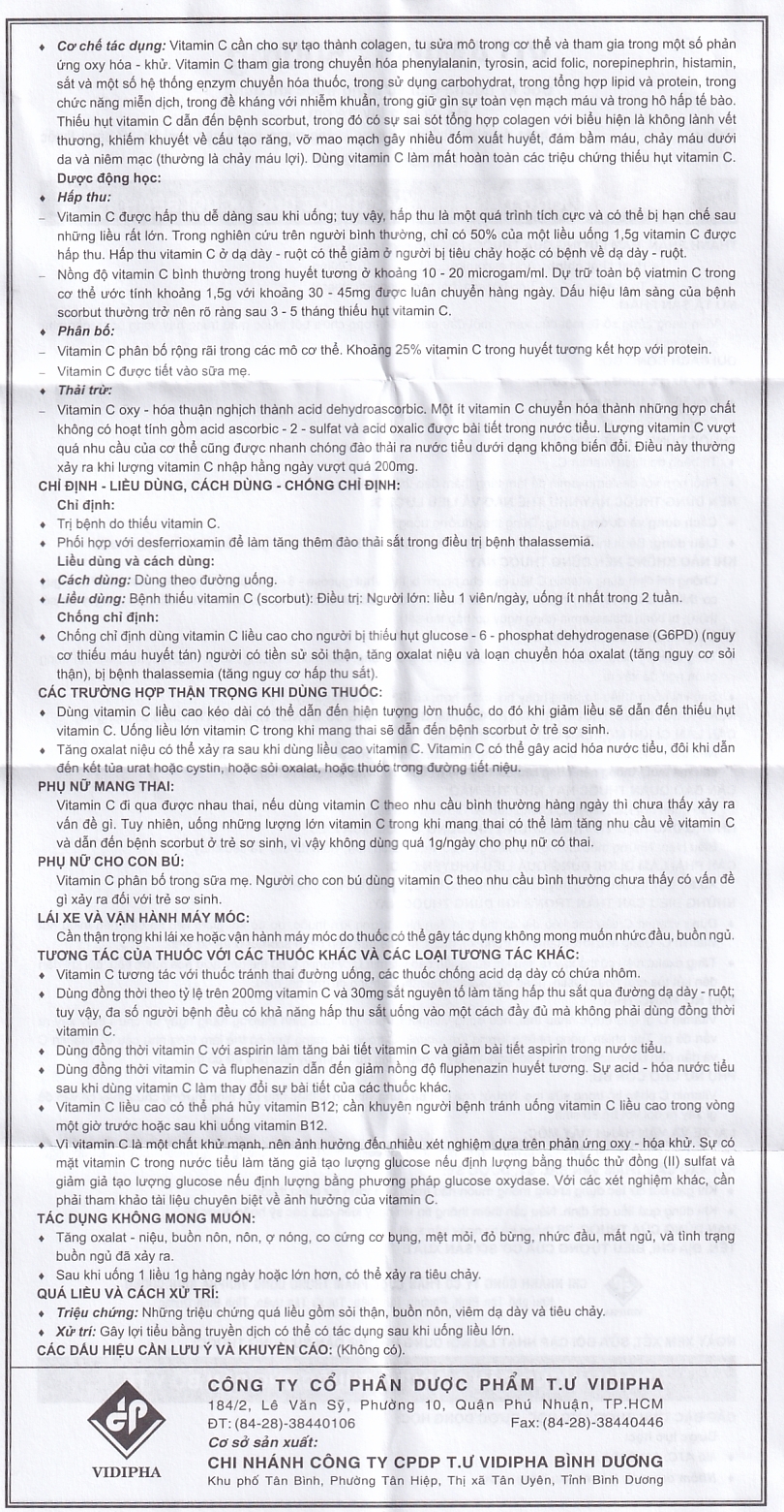 Hình ảnh Thuốc Vitamin C 500mg Vidipha điều trị bệnh do thiếu Vitamin C (100 viên)