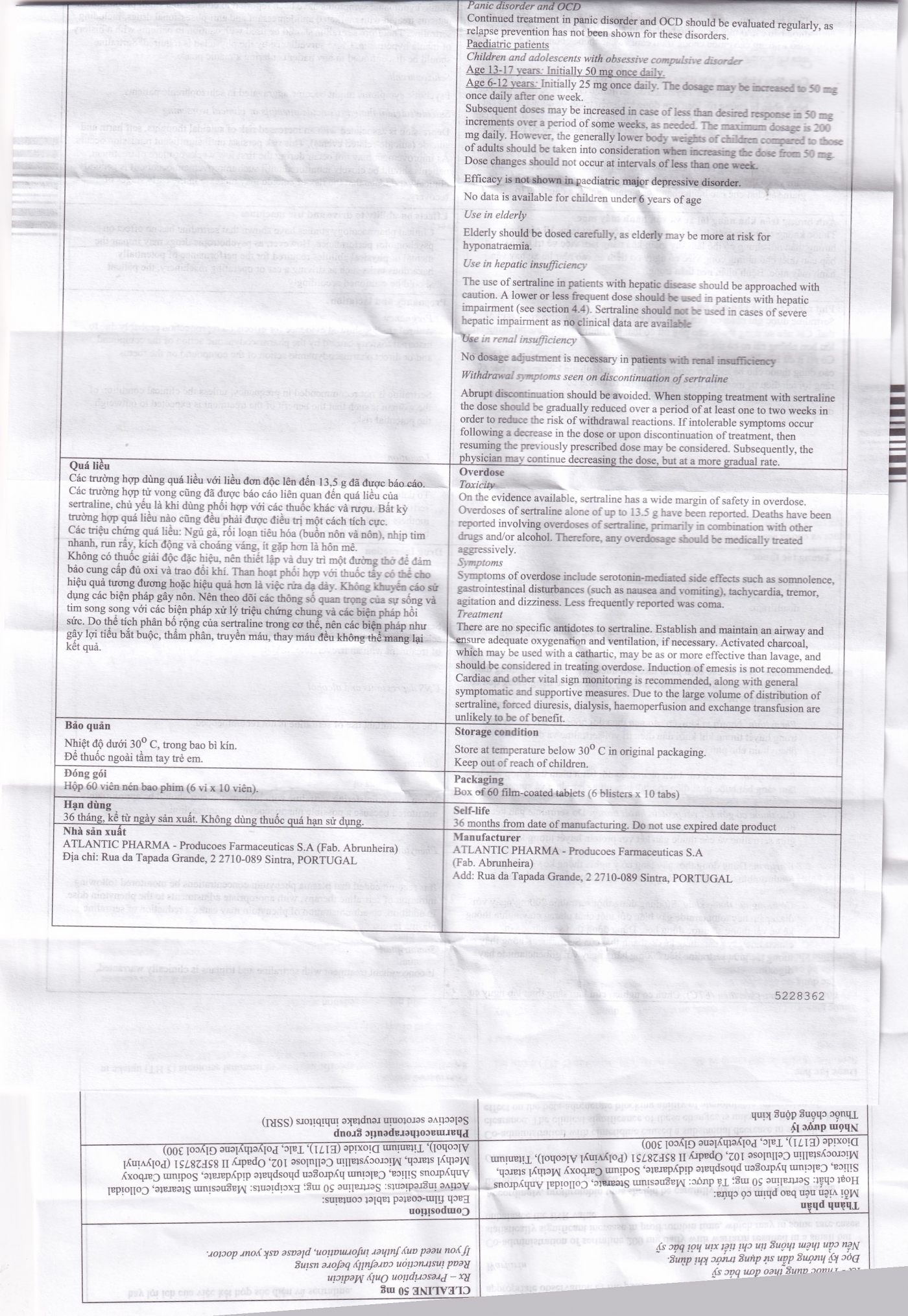 Hình ảnh Thuốc Clealine 50mg Atlantic điều trị triệu chứng trầm cảm, rối loạn cưỡng bức ám ảnh (6 vỉ x 10 viên)