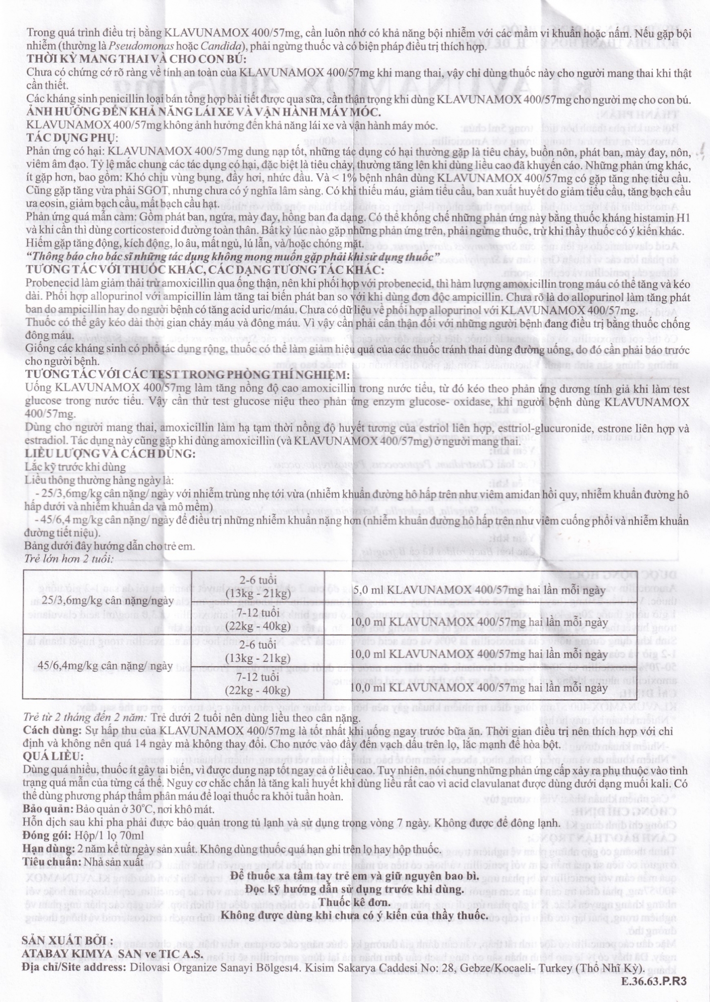 Hình ảnh Bột pha hỗn dịch uống Klavunamox 400/57mg Atabay điều trị nhiễm khuẩn nặng đường hô hấp (70ml)