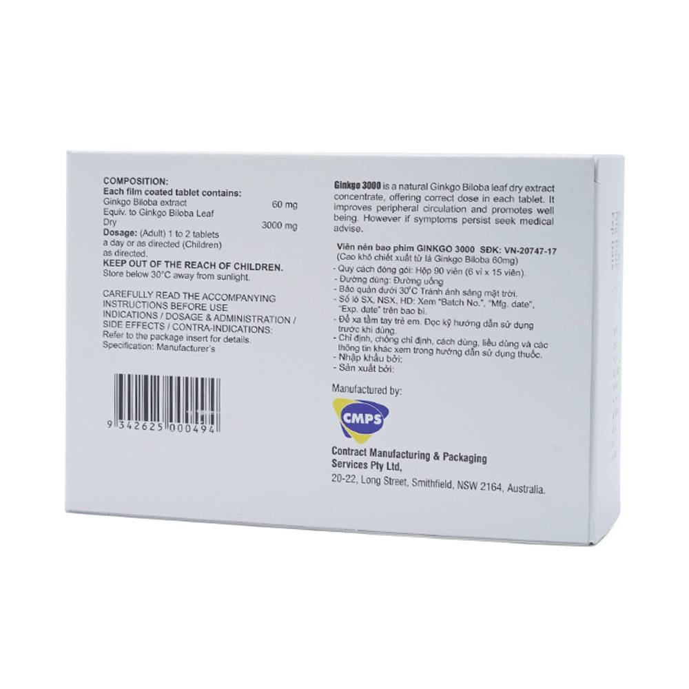 Hình ảnh Thuốc Ginkgo 3000 CMPS điều trị suy giảm tuần hoàn máu (6 vỉ x 15 viên)