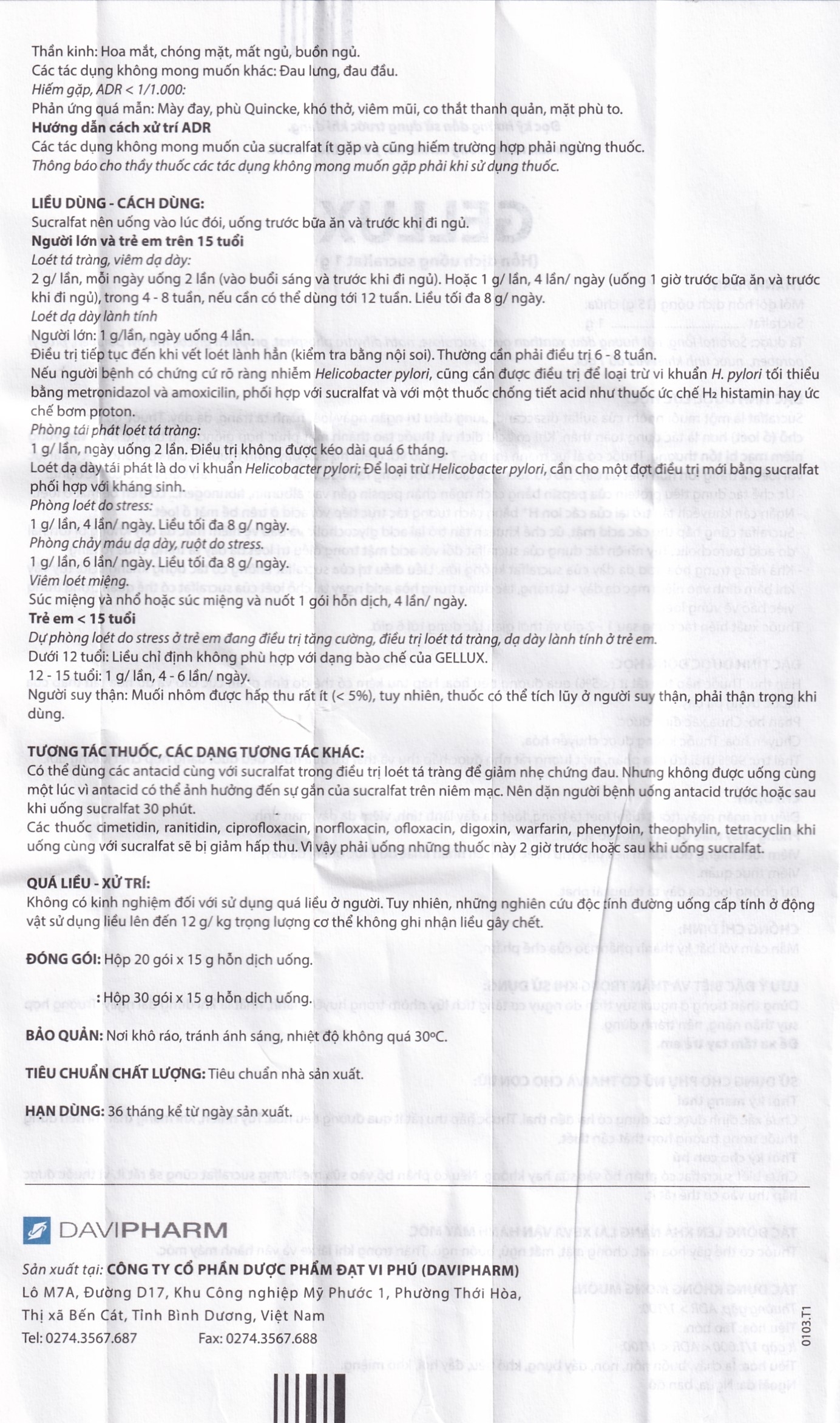 Hình ảnh Hỗn dịch uống Gellux 1g Davipharm điều trị ngắn ngày loét tá tràng, dạ dày lành tính (20 gói x 15g)