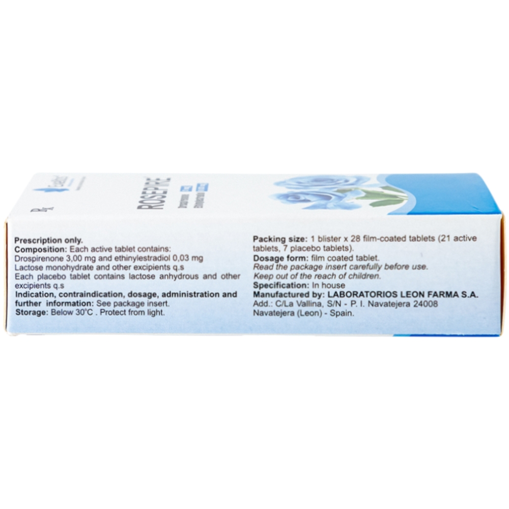 Hình ảnh Thuốc Rosepire 3mg/0,03mg Exeltis xanh dùng để tránh thai (1 vỉ x 28 viên)