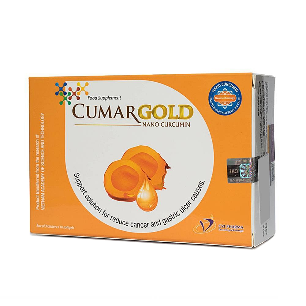 Hình ảnh Viên uống CumarGold Nano Curcumin CVI Pharma giảm tác nhân gây ung bướu, viêm loét dạ dày (3 vỉ x 10 viên)