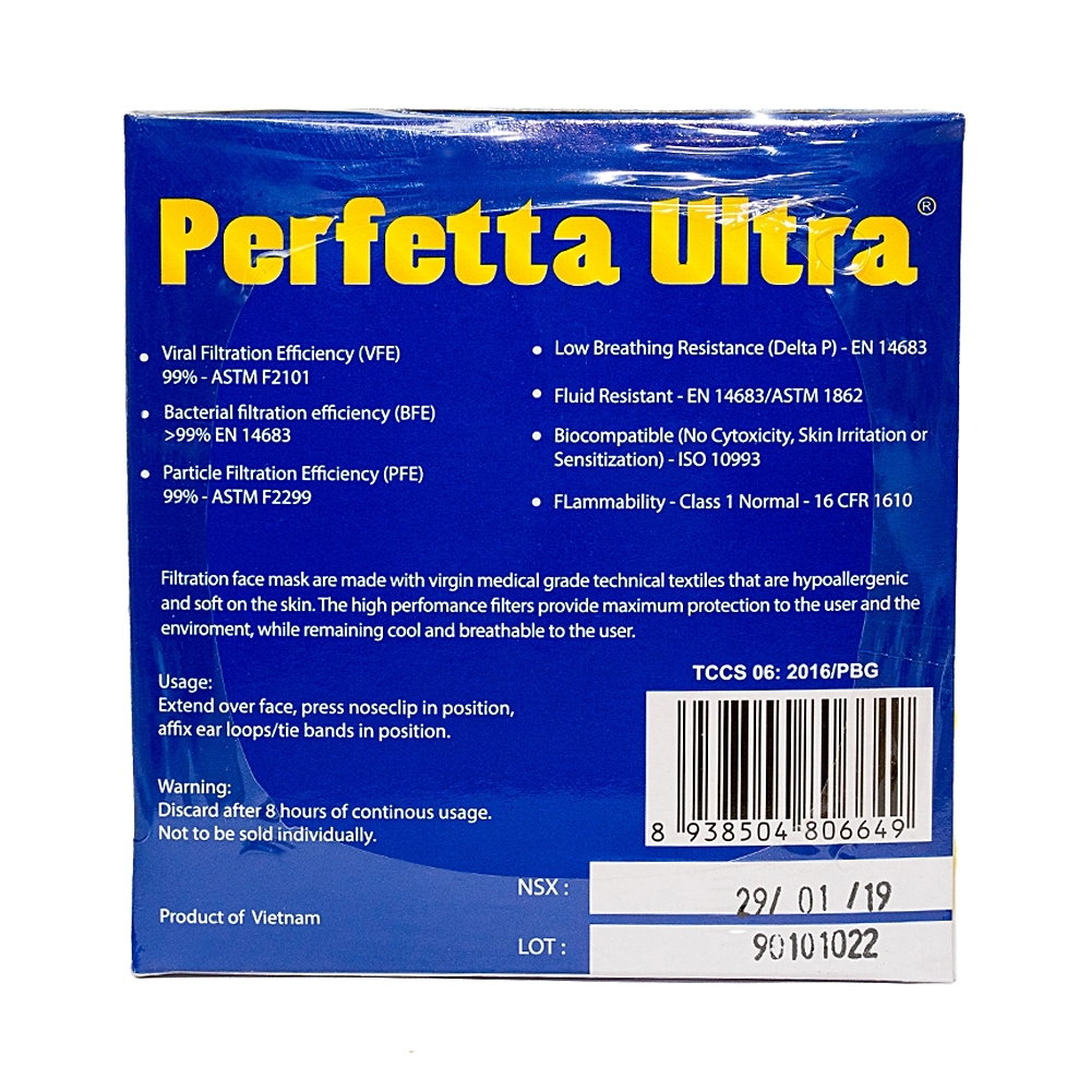 Hình ảnh Khẩu trang y tế Perfetta Ultra màu xanh 3 lớp hỗ trợ ngăn khói, bụi (40 hộp x 35 cái)