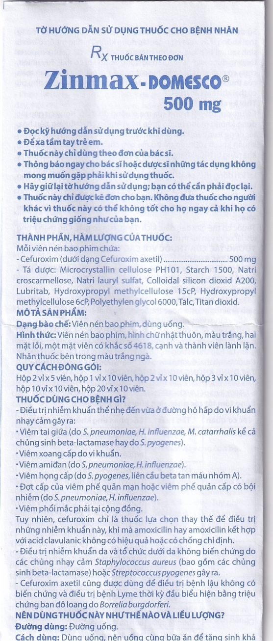 Hình ảnh Thuốc Zinmax-Domesco 500mg điều trị nhiễm khuẩn da, nhiễm khuẩn đường tiết niệu (3 vỉ x 10 viên)