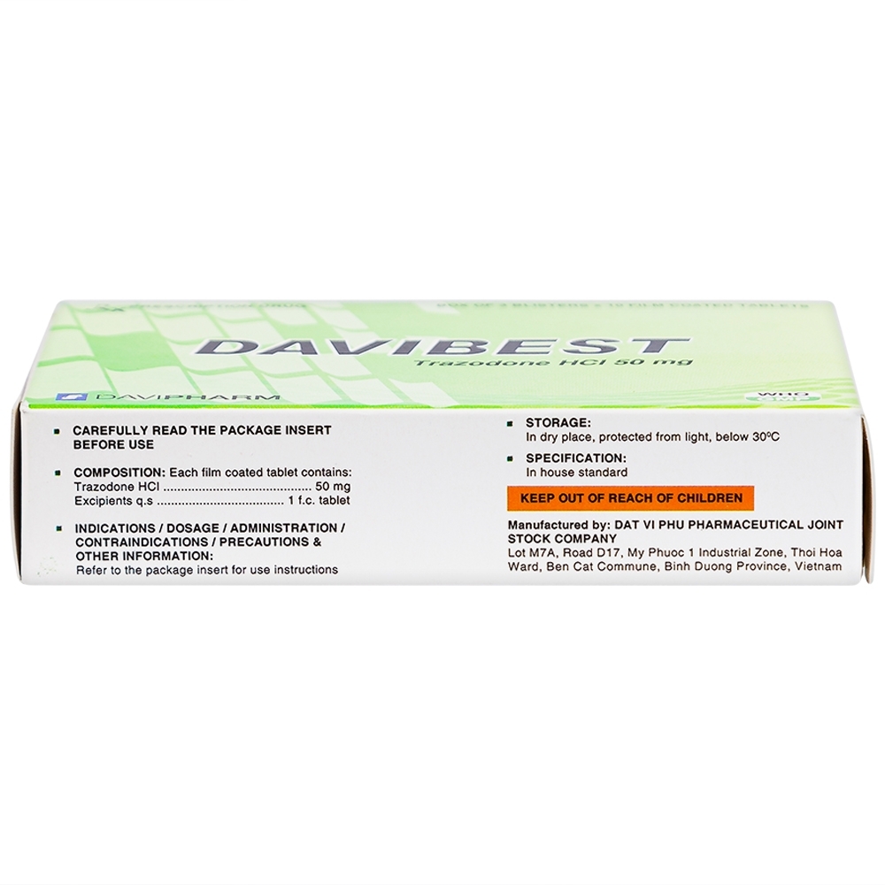Hình ảnh Thuốc Davibest 50mg Davipharm làm giảm triệu chứng của tất cả các dạng trầm cảm (30 viên)