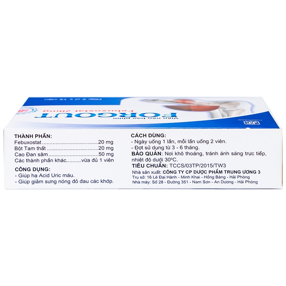 Hình ảnh Viên uống Forgout 20mg Foripharm hạ Acid Uric máu, giảm sưng nóng đỏ đau các khớp (2 vỉ x 15 viên)