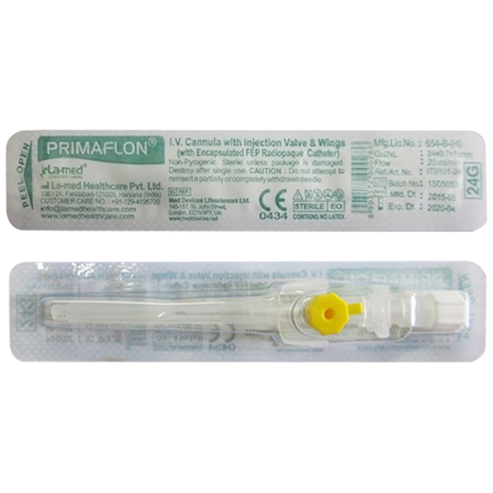 Hình ảnh Kim luồn 24g Primaflon Lamed giúp hạn chế lệch vỡ vein khi dẫn truyền dịch (100 cái)