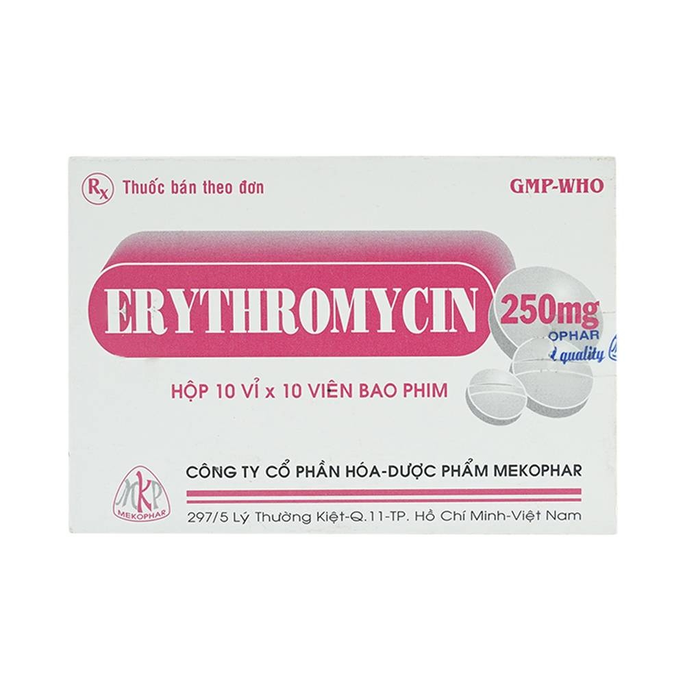 Hình ảnh Thuốc Erythromycin 250mg Mekophar điều trị nhiễm khuẩn (10 vỉ x 10 viên)