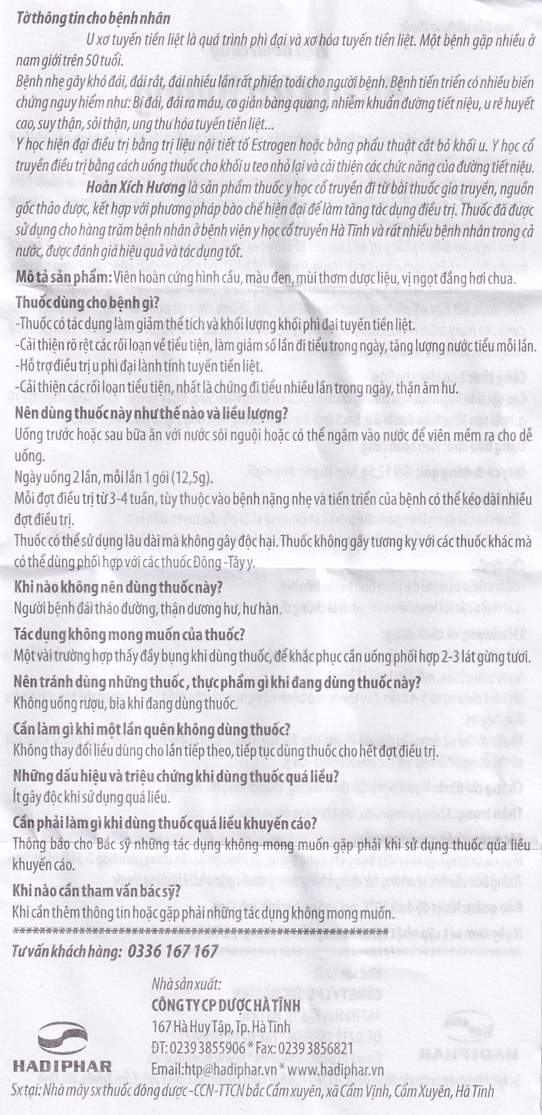 Hình ảnh Thuốc Hoàn Xích Hương Hadiphar điều trị u phì đại lành tính tuyến tiền liệt (10 gói)