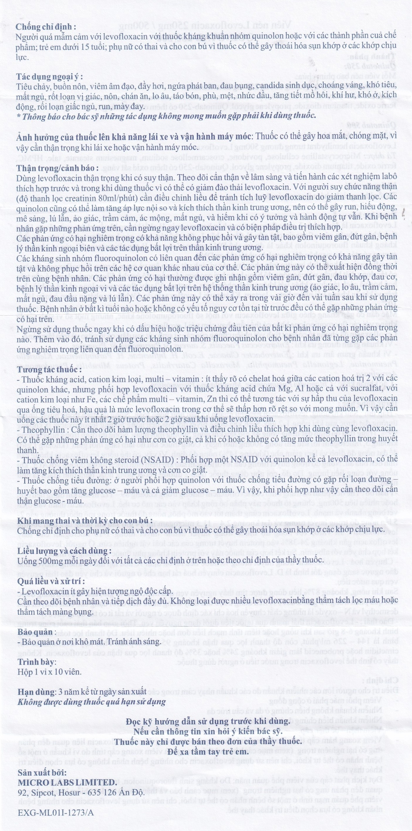 Hình ảnh Thuốc Quinotab-500 Micro điều trị các chứng nhiễm trùng (1 vỉ x 10 viên) 