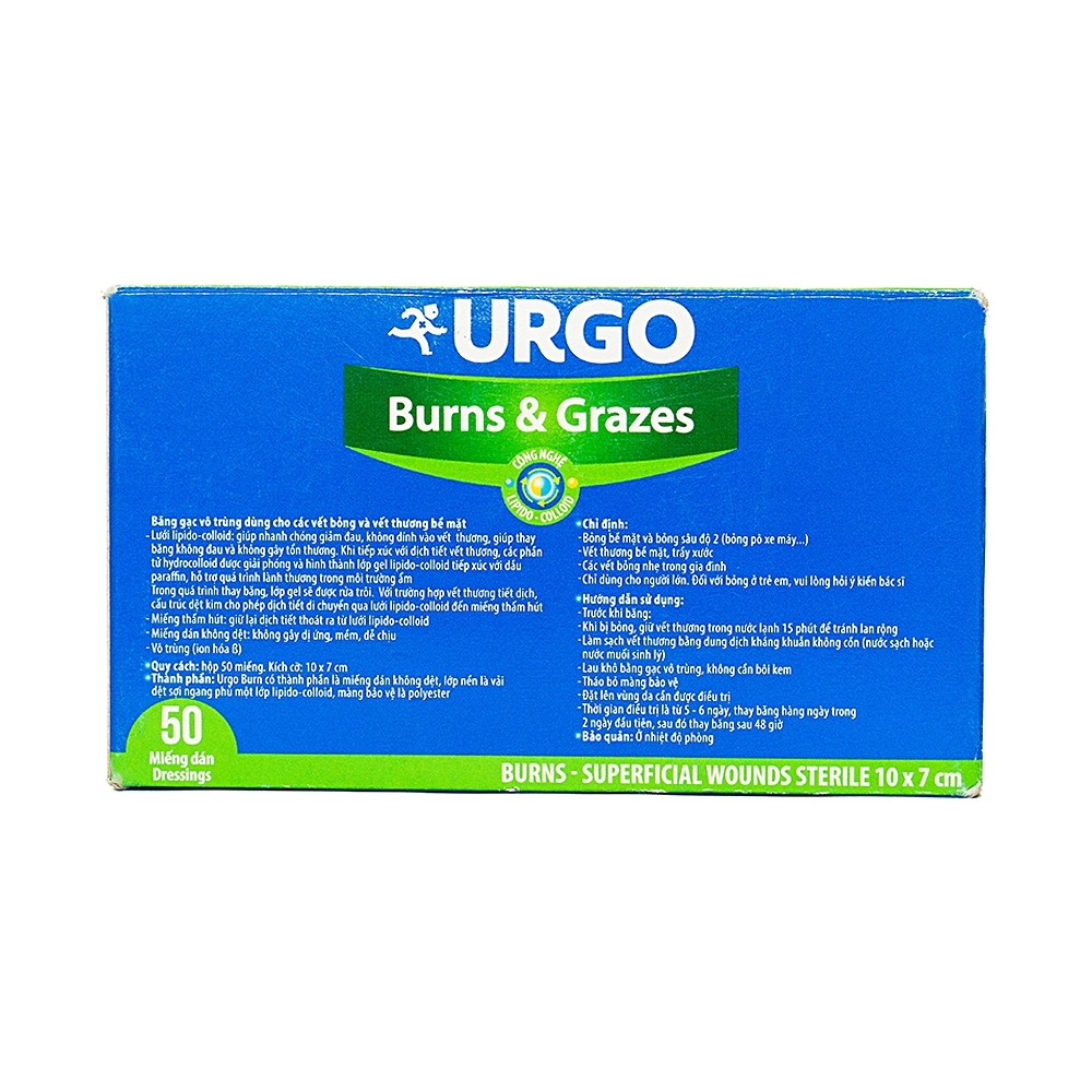 Hình ảnh Băng gạc vô trùng Urgo Burns And Grazes size 10cm x 7cm dùng cho các vết bỏng và vết thương bề mặt (50 miếng) 