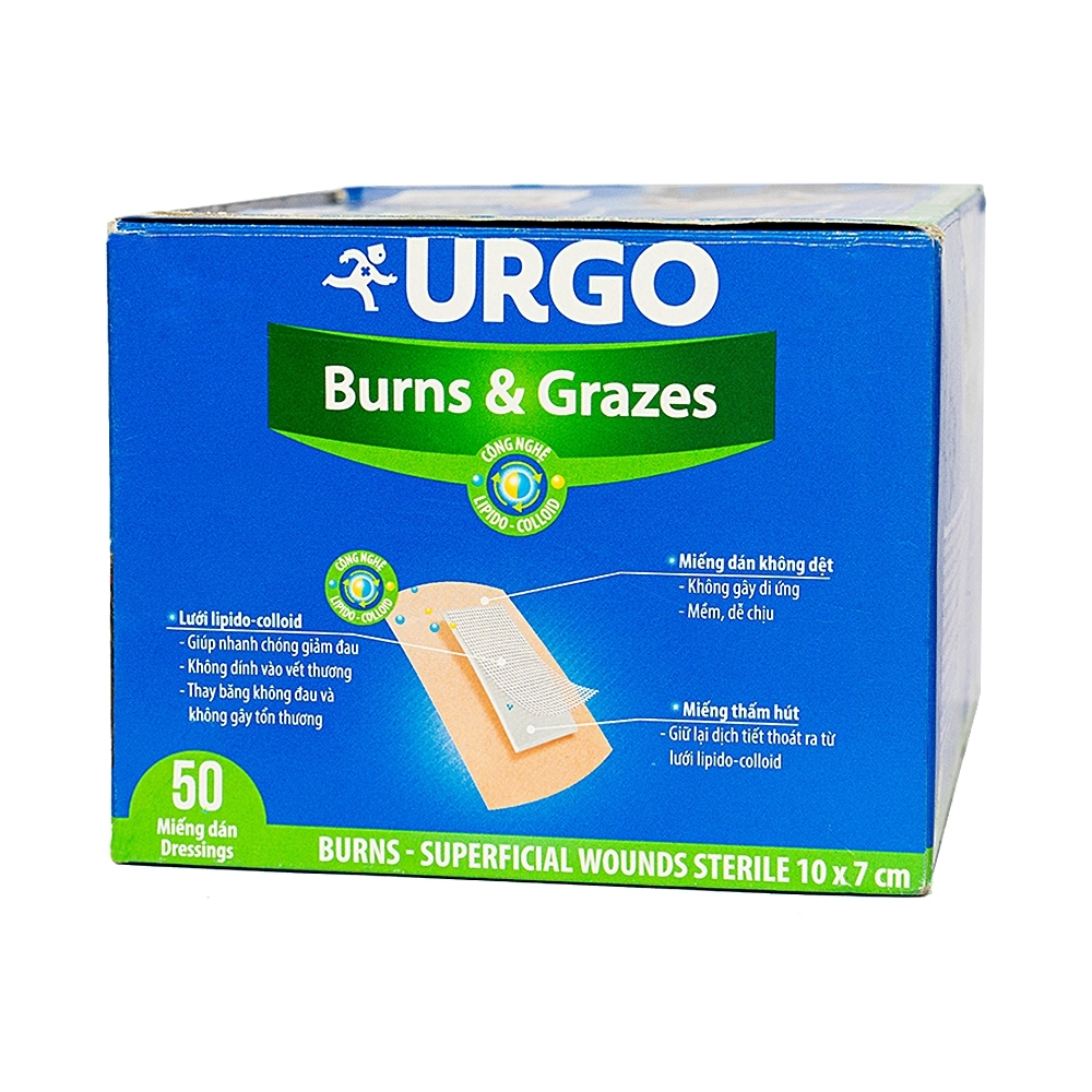 Hình ảnh Băng gạc vô trùng Urgo Burns And Grazes size 10cm x 7cm dùng cho các vết bỏng và vết thương bề mặt (50 miếng) 