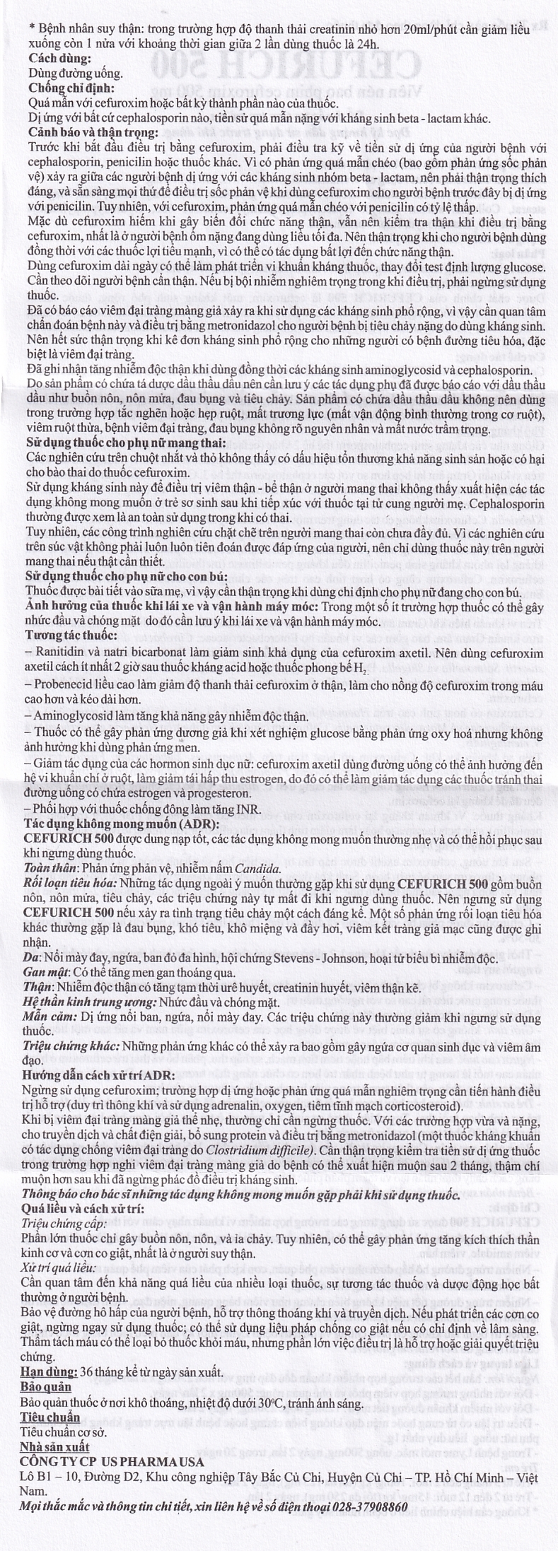 Hình ảnh Thuốc Cefurich 500mg USP điều trị nhiễm khuẩn (2 vỉ x 5 viên)