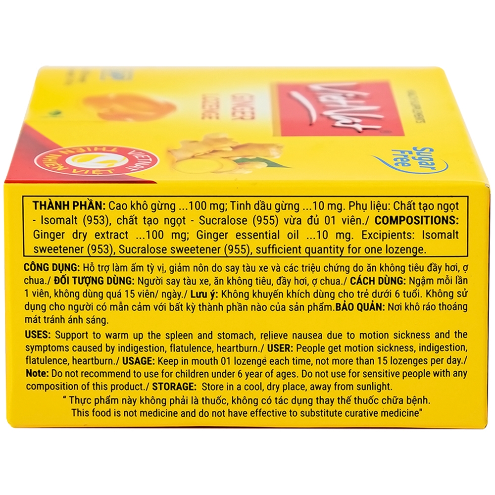 Hình ảnh Viên ngậm gừng không đường VietNat hỗ trợ làm ấm tỳ vị, giảm nôn, ăn không tiêu đầy hơi (5 vỉ x 4 viên)