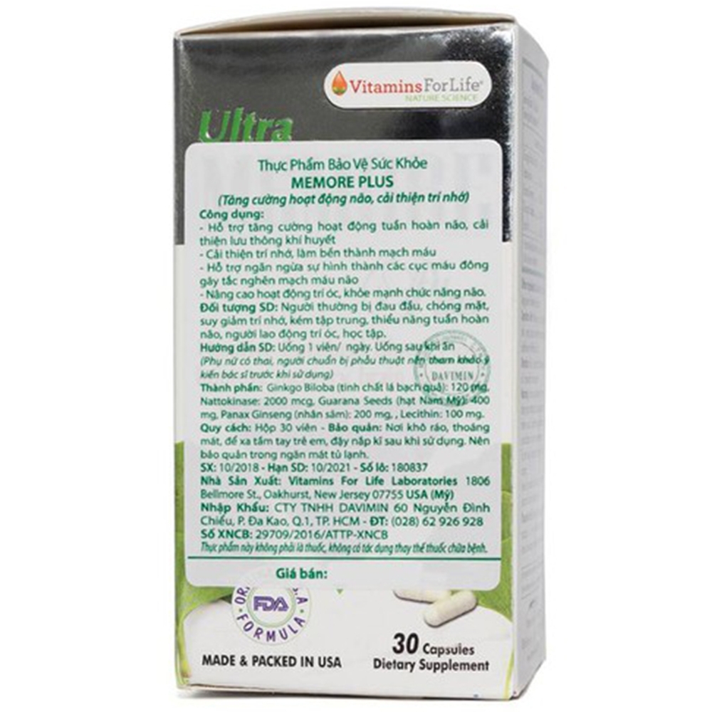 Hình ảnh Viên uống Ultra Memore Plus Vitamins For Life hỗ trợ tăng cường hoạt động tuần hoàn não (30 viên)