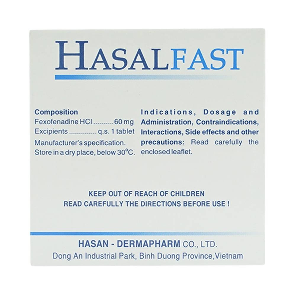 Hình ảnh Thuốc Hasalfast Hasan điều trị viêm mũi dị ứng theo mùa, mày đay mạn tính vô căn (10 vỉ x 10 viên)