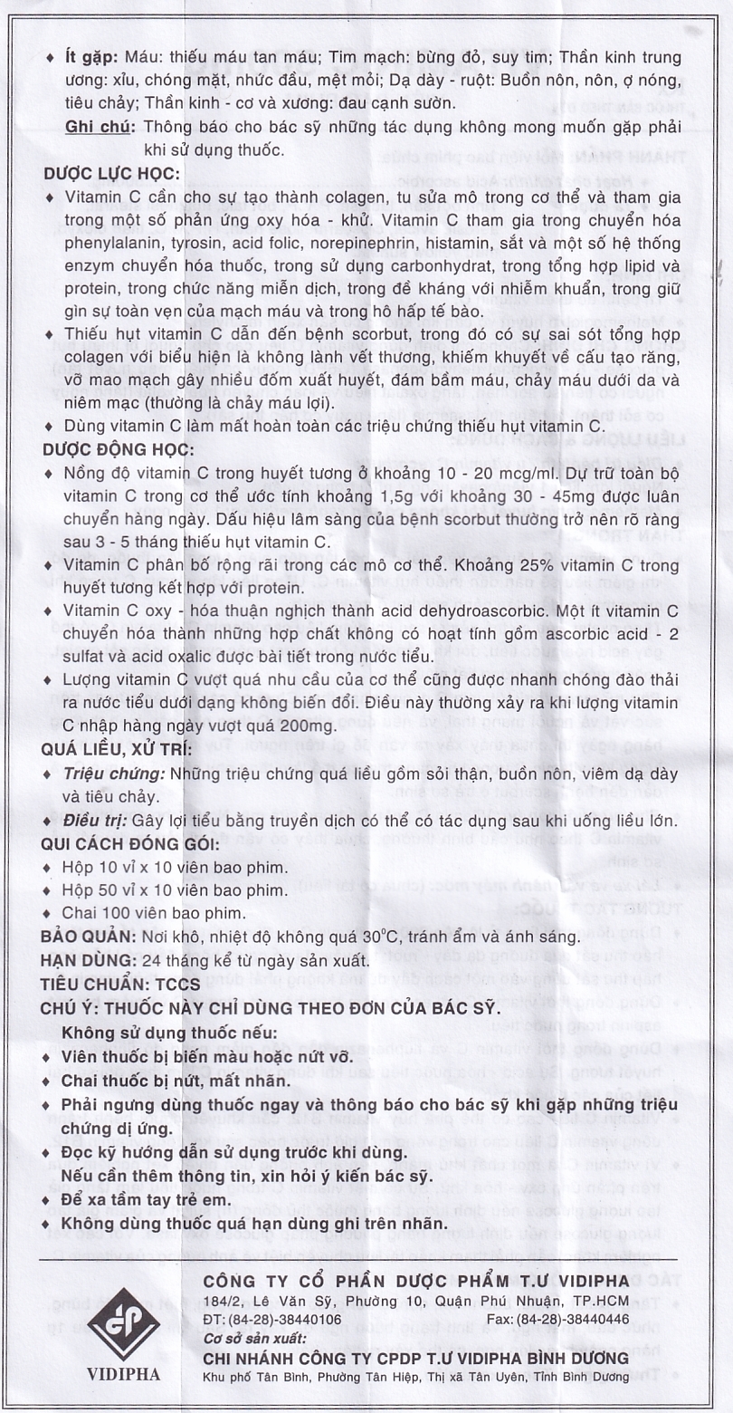 Hình ảnh Thuốc Vitamin C 500mg Vidipha điều trị bệnh do thiếu Vitamin C (10 vỉ x 10 viên)