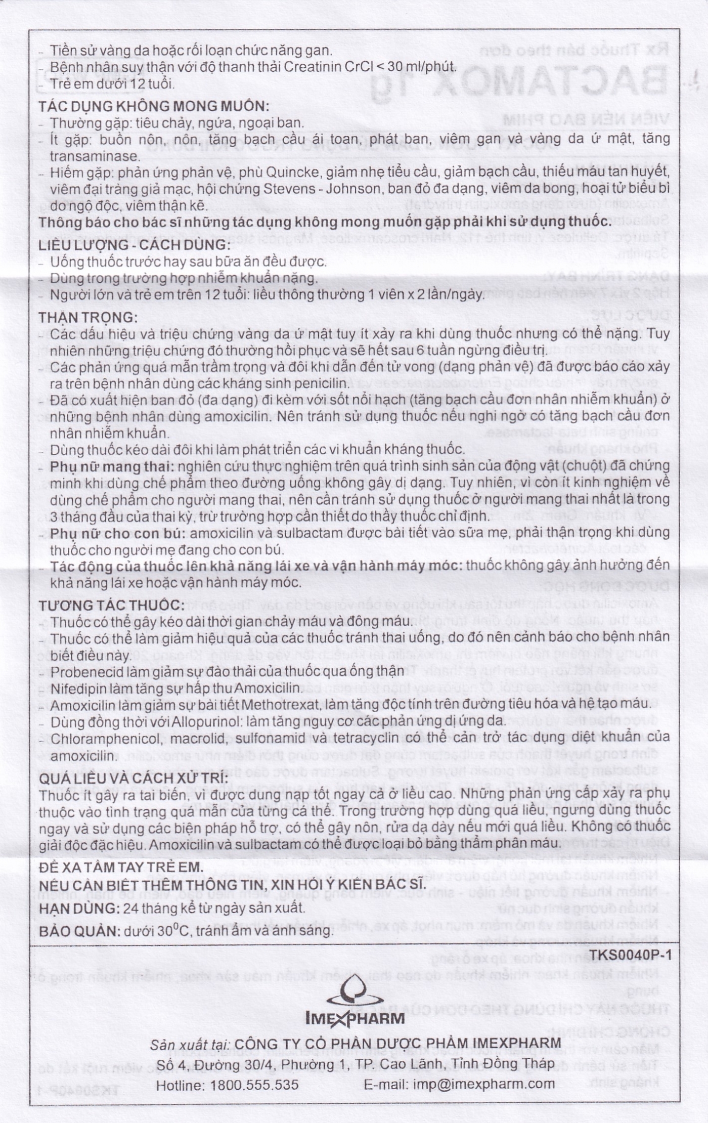 Hình ảnh Thuốc Bactamox 1g Imexpharm điều trị nhiễm khuẩn (2 vỉ x 7 viên)