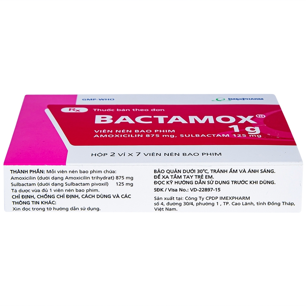 Hình ảnh Thuốc Bactamox 1g Imexpharm điều trị nhiễm khuẩn (2 vỉ x 7 viên)