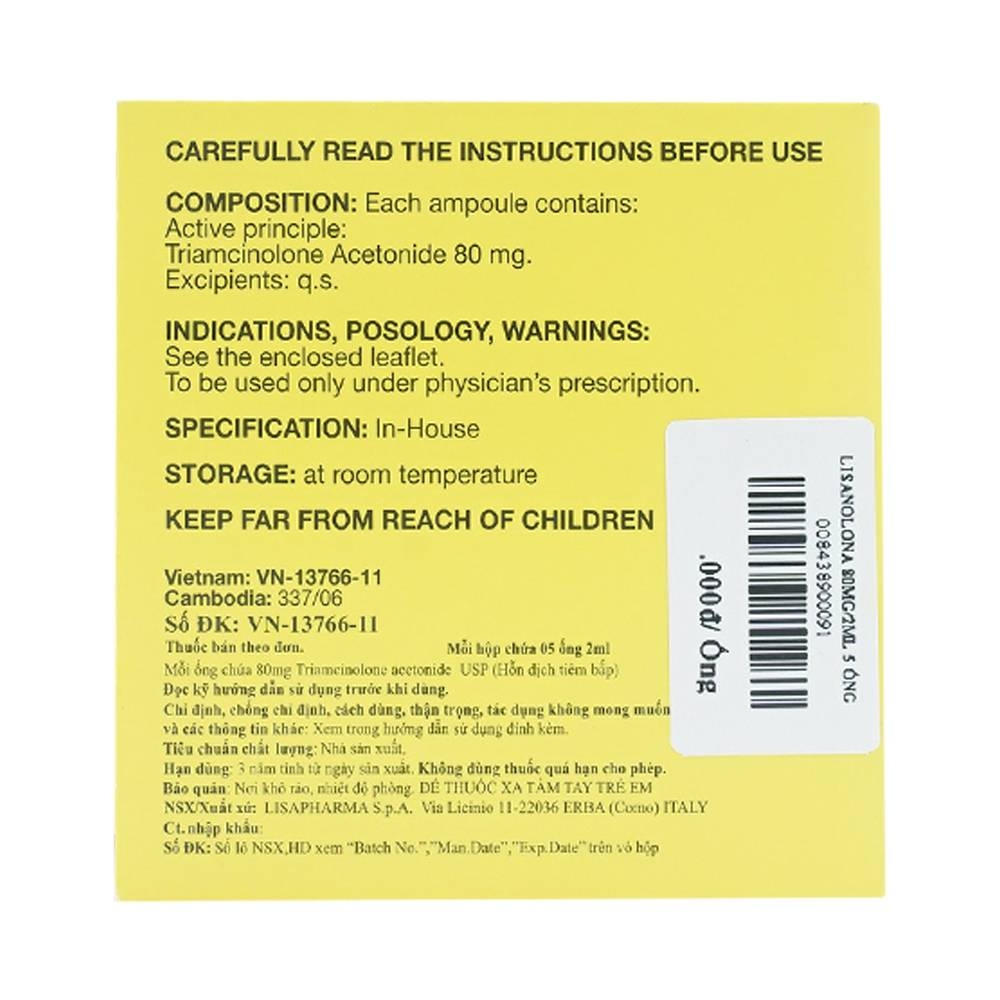 Hình ảnh Thuốc tiêm Lisanolona 80mg/2ml Lisapharma điều trị dị ứng, hen suyễn, viêm mũi dị ứng (5 ống)